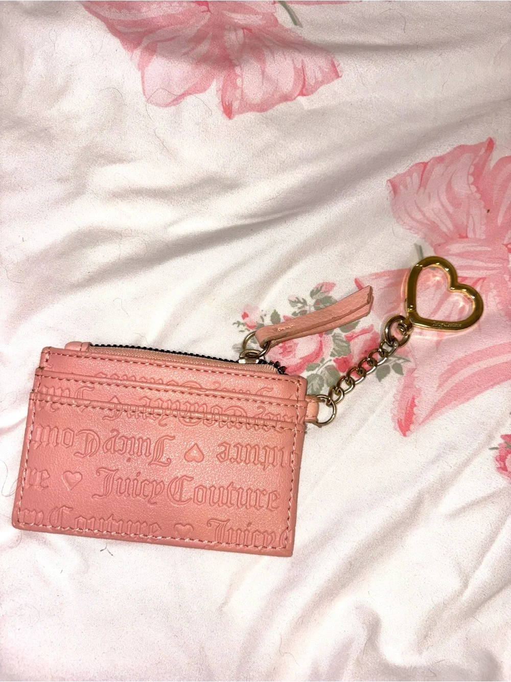 Juicy Couture Coral Pink Embossed Card Holder with Heart Keychain